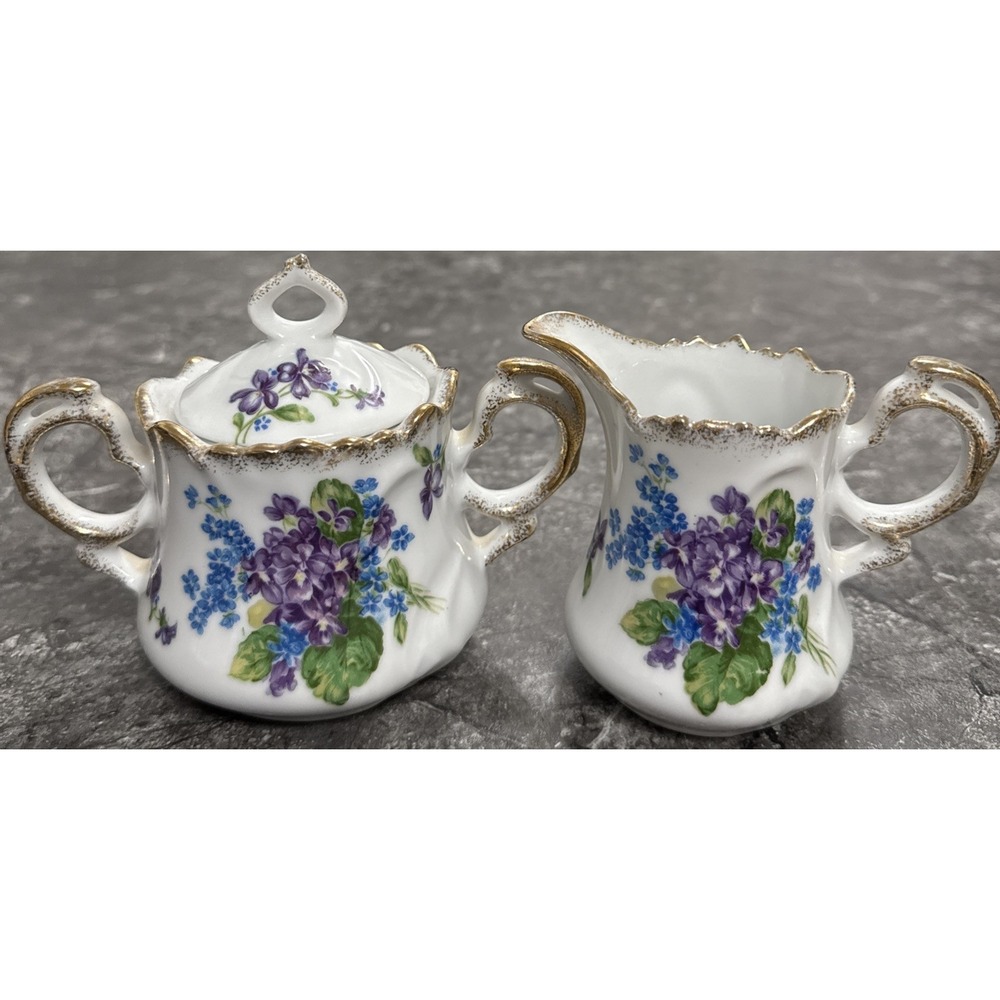 Vintage Lefton‎ China Creamer Sugar Bowl Spring Bouquet  Gold Trim #4581